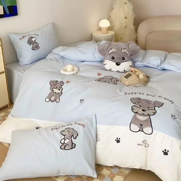 Cartoon Schnauzer dog pattern embroidered cotton bedding set with quilt cover, sheet, and pillowcases.