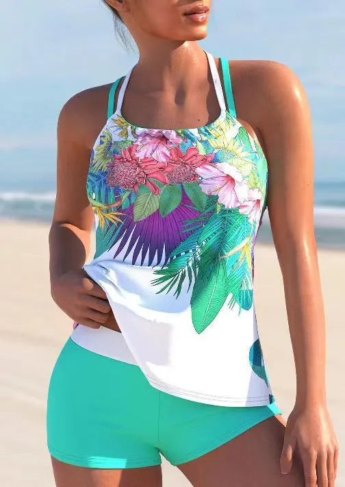 Women's purple red and green large flower print split swimsuit with chest pad support.