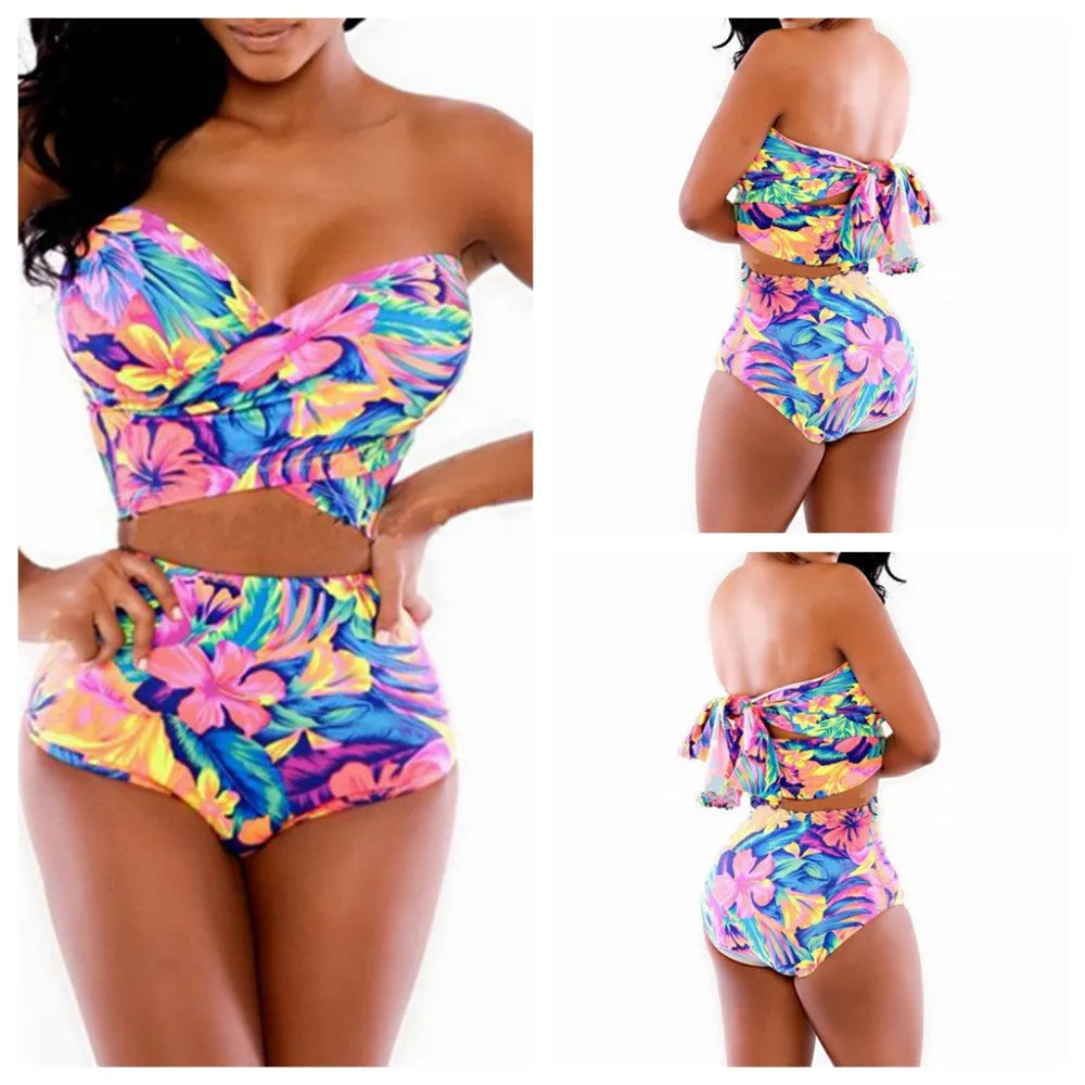 Red printed two-piece swimsuit for women with a chest wrap top and matching bottoms.