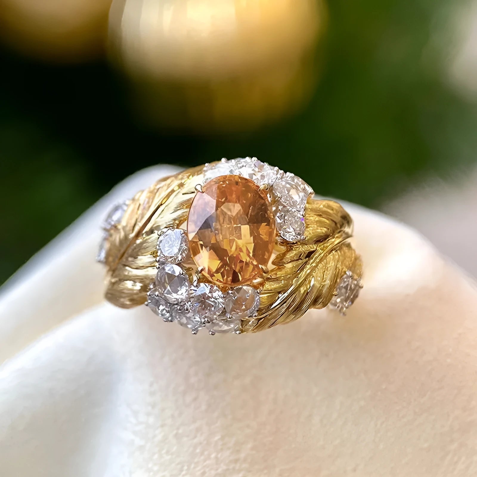 Gold-colour copper feather ring with a geometric design and a yellow zircon stone.