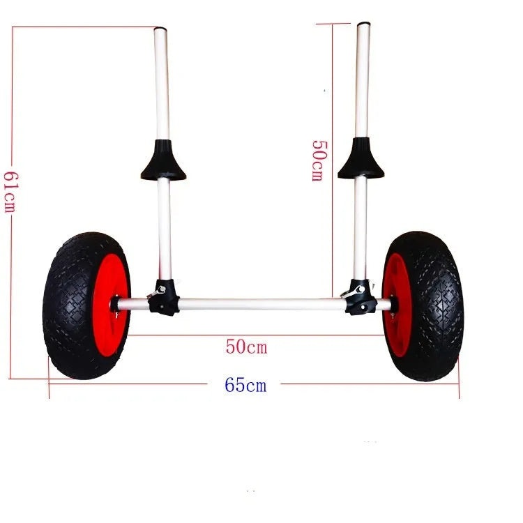 Foldable aluminium kayak beach trolley with solid rubber tyres, shown carrying a blue kayak on sand.