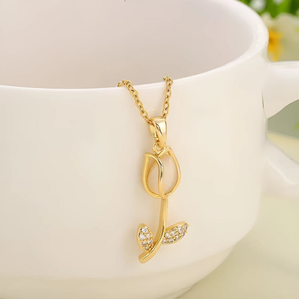 Zircon Tulip Necklace for women with adjustable O-ring chain and copper-plated gold flower pendant.