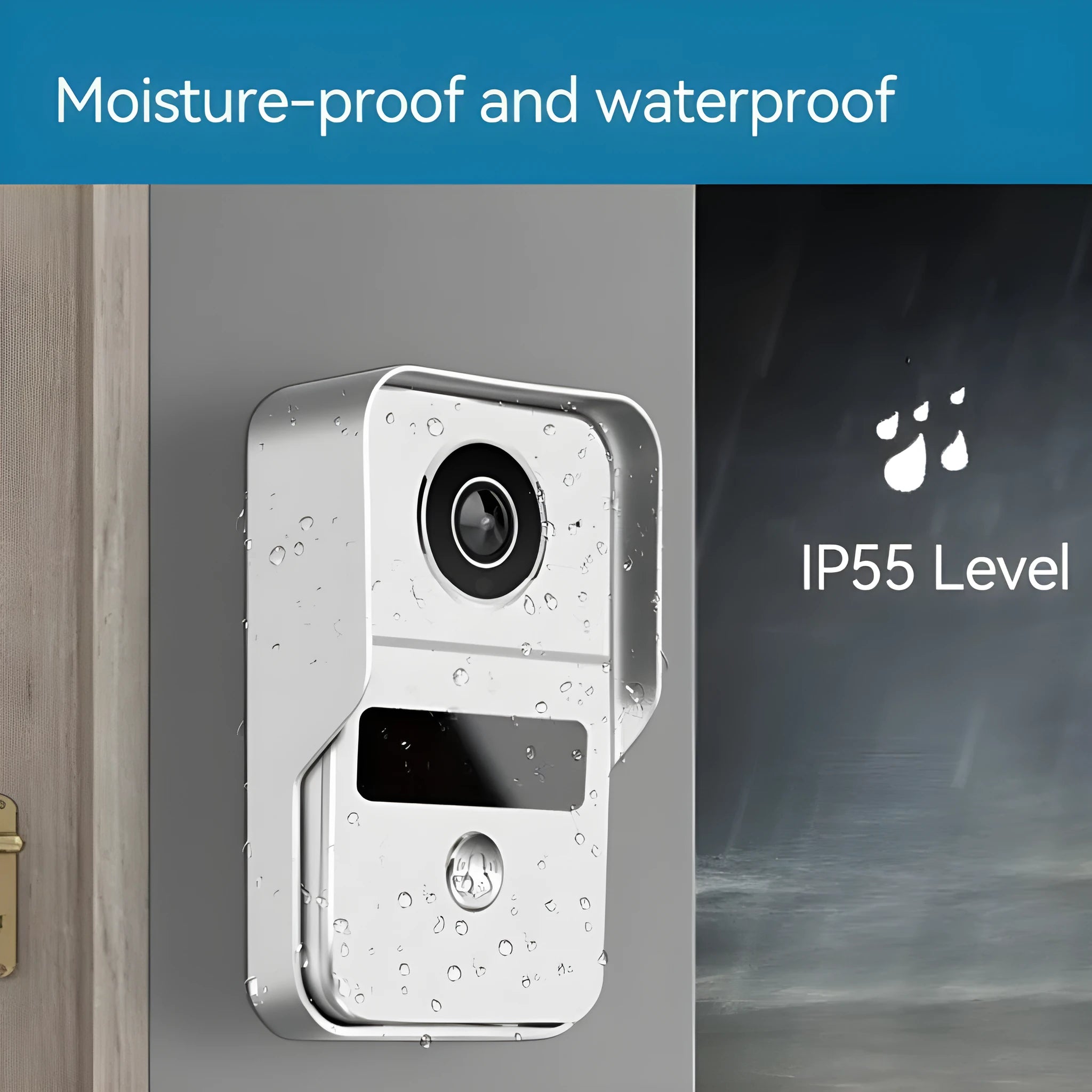 Video intercom doorbell system with outdoor unit and indoor display showing 1080P camera feed