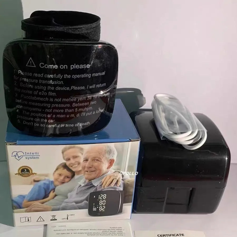 Black wrist blood pressure monitor with USB recharge port and multi-language voice feature.