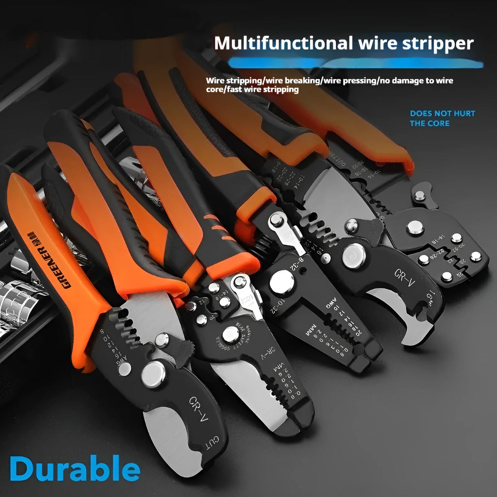 Fully automatic wire stripping pliers tool with high carbon steel blades.