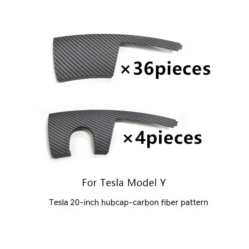 Set of sectional plastic wheel hub covers for Tesla Model Y in black, white, red, and carbon fibre pattern options.