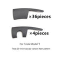 Set of sectional plastic wheel hub covers for Tesla Model Y in black, white, red, and carbon fibre pattern options.