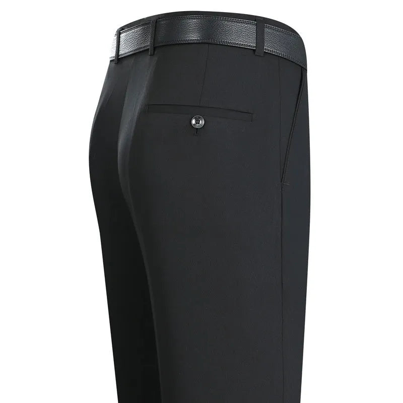 Men's straight cut mulberry silk blend business trousers in dark blue colour with high waist design