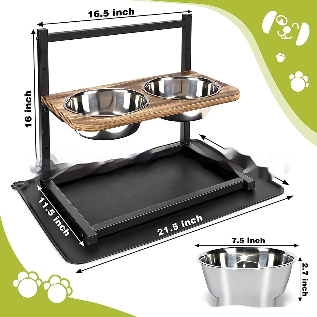 Black iron dog bowl rack stand holding three different sized pet bowls