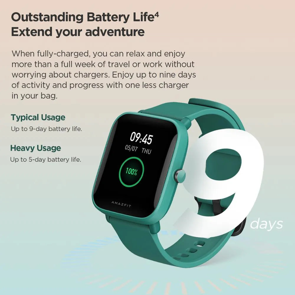 Pine green smart watch with silicone strap on wrist, showing blood oxygen stats on colour screen