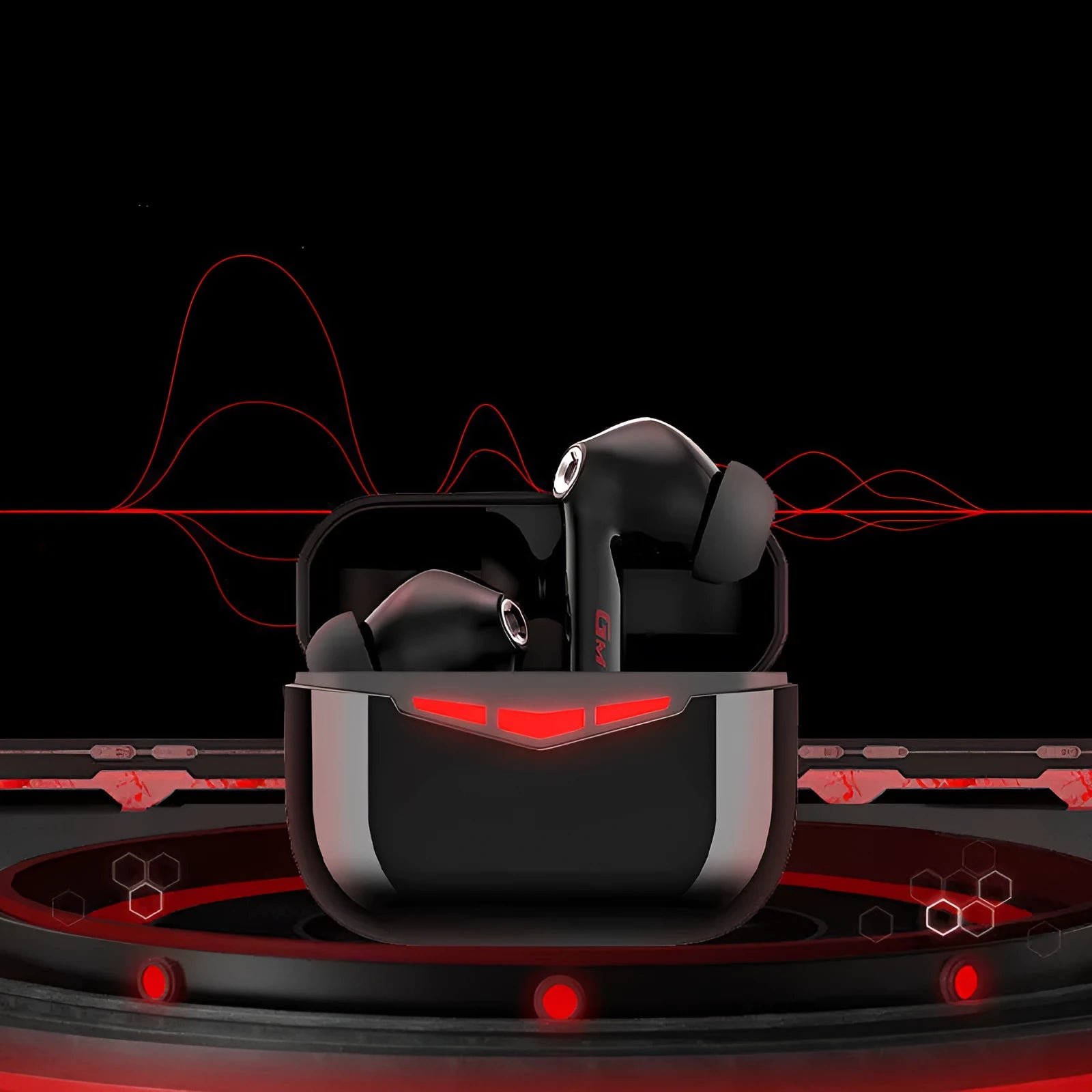 True wireless gaming earbuds in charging case, with spare silicone earmuffs, on a grey background.