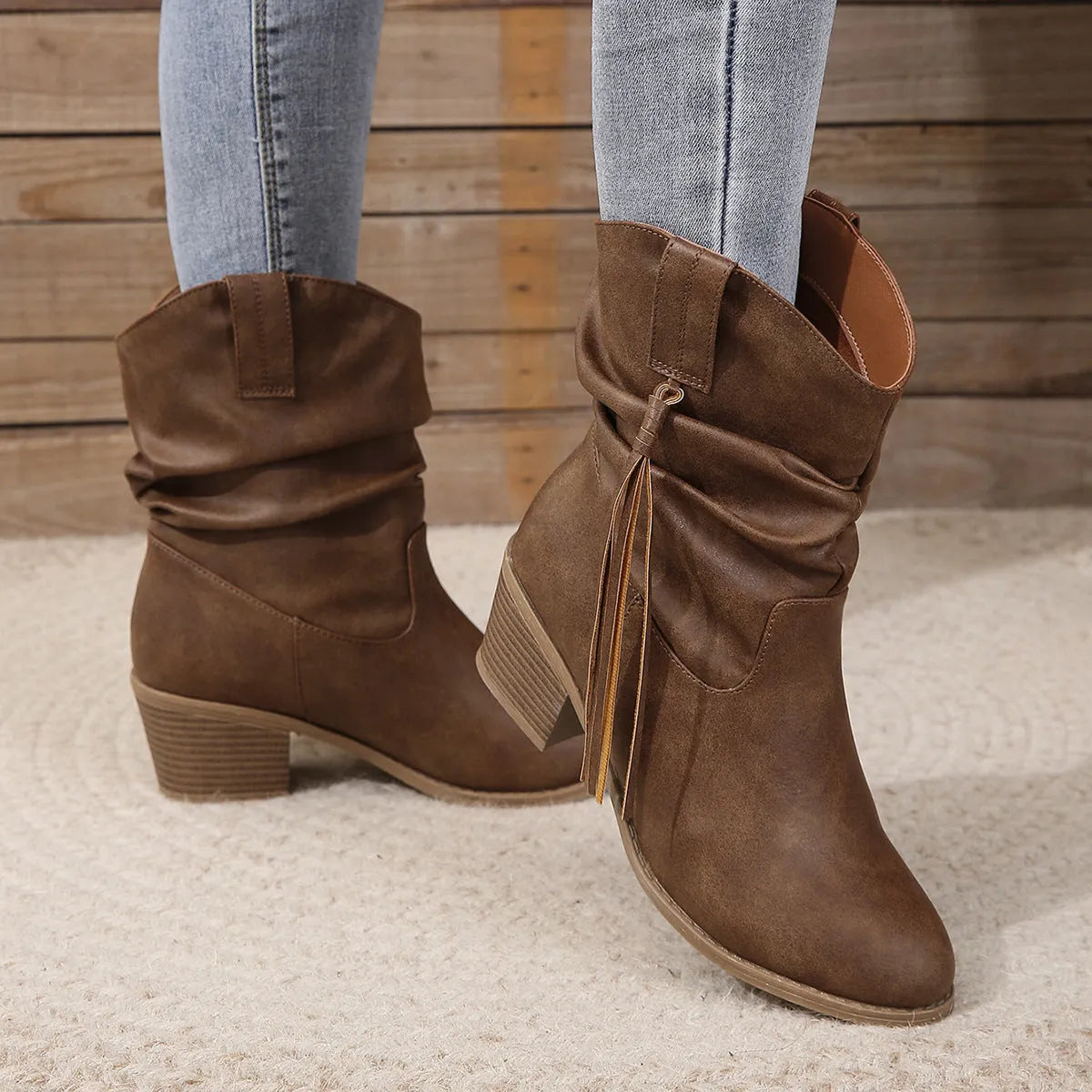 Retro tassel mid-calf western boots for women with thick square heel in dark brown