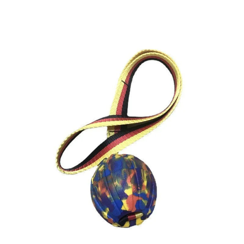 EVA floating pet training ball in camouflage colour showing tetherball design with knot attachment