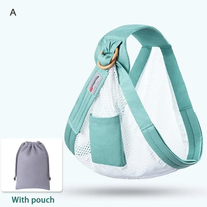Adjustable baby wrap carrier sling shown in blue-green colour, suitable for newborns up to 36 months