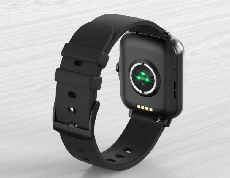 Black smart watch with 1.7-inch colour touch screen and adjustable strap on a wrist.