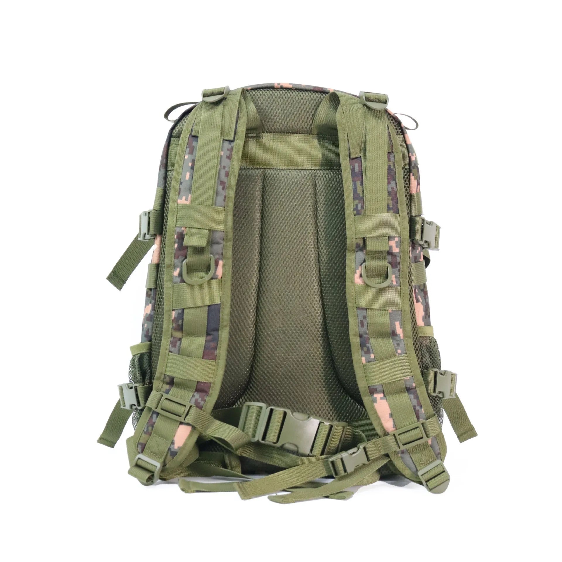 Green camouflage waterproof outdoor rucksack with black straps, shown from a side angle.