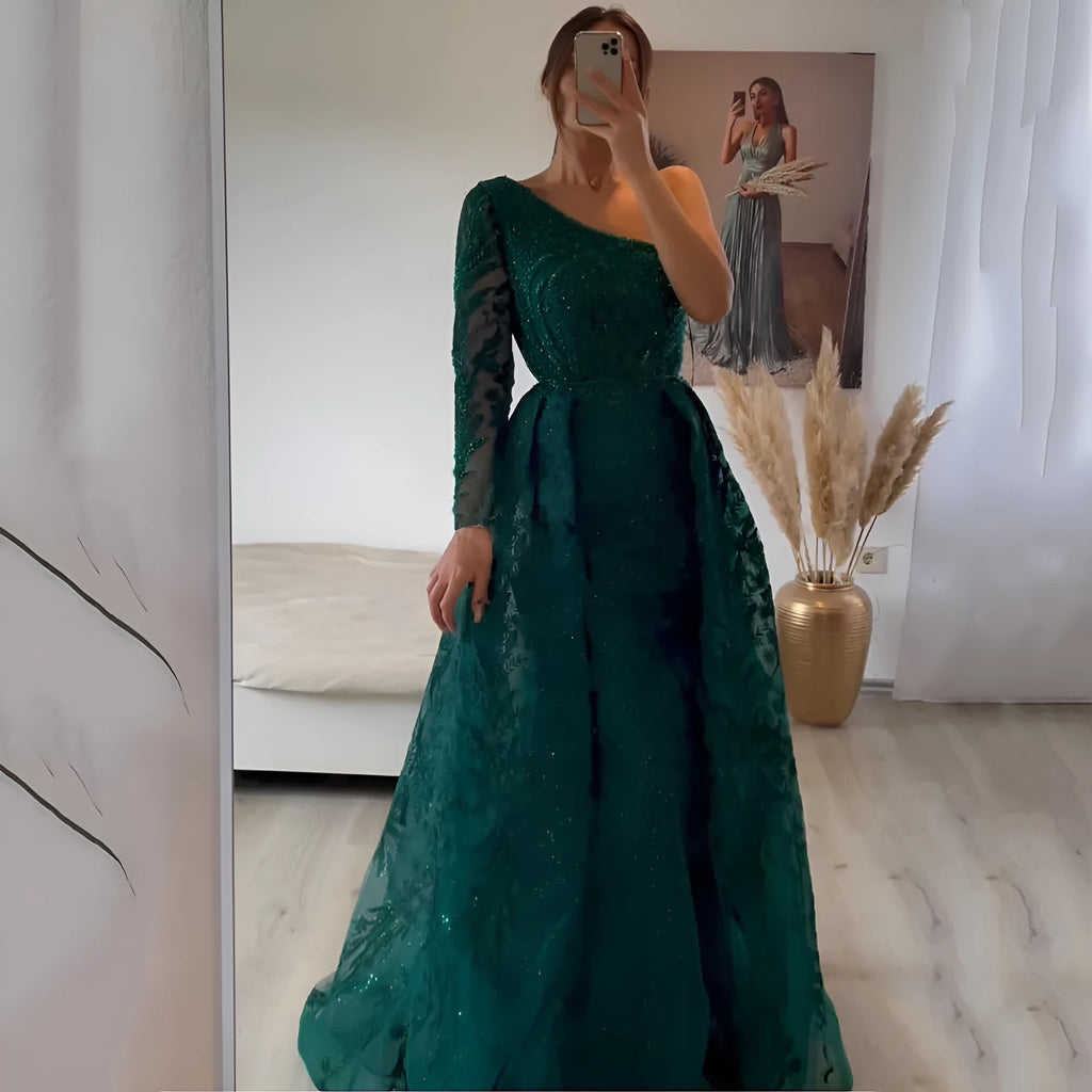 Women's slim-fit fishtail mesh shoulder long-sleeved dress in green with zipper detail on model