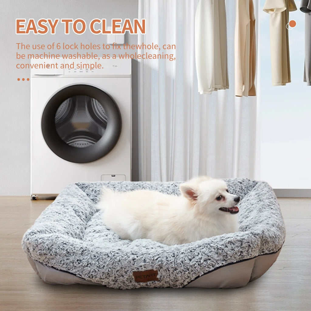 Swirl Rose Velvet dog bed with raised rim and removable cushion on a floor, size option S, M, or L.