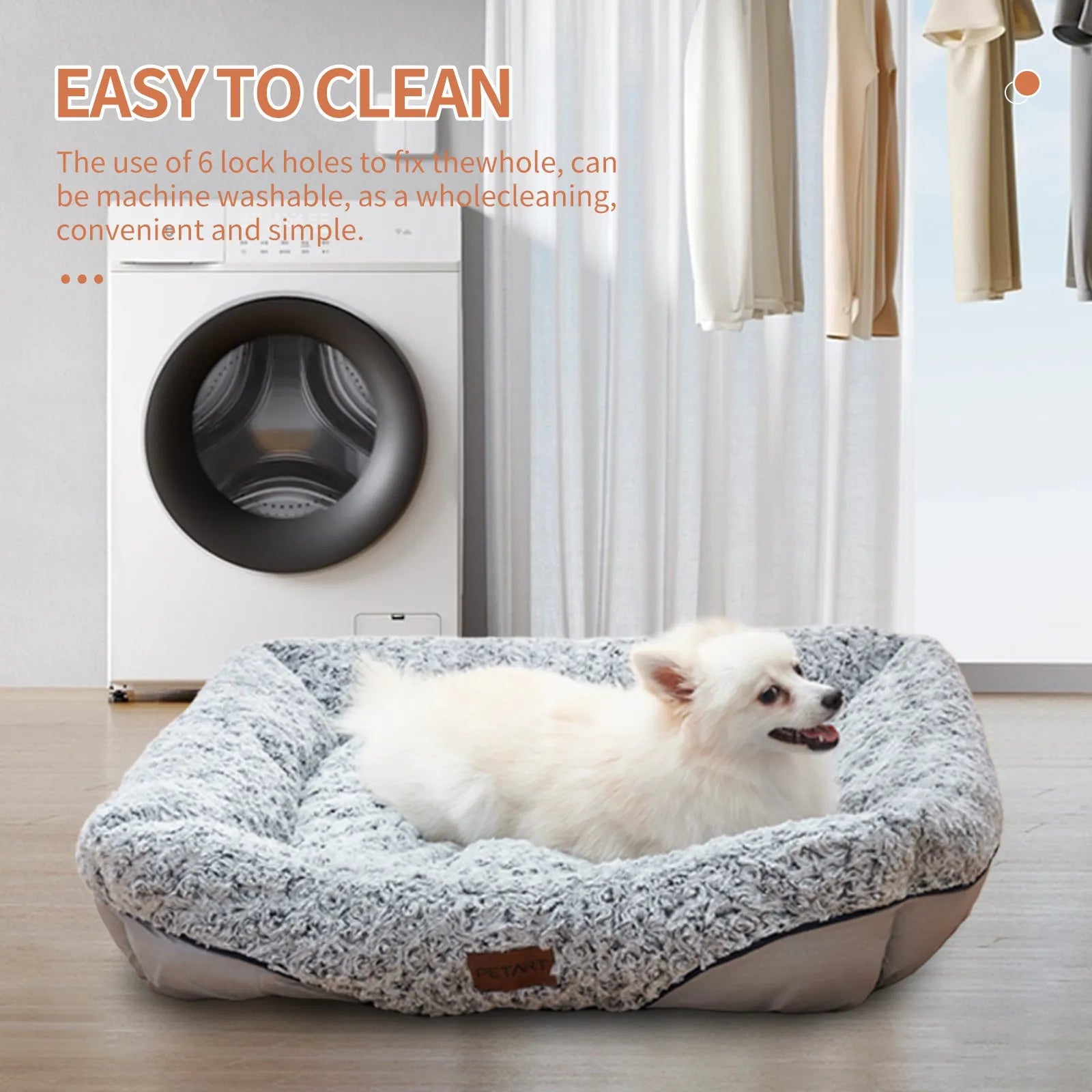 Swirl Rose Velvet dog bed with raised rim and removable cushion on a floor, size option S, M, or L.