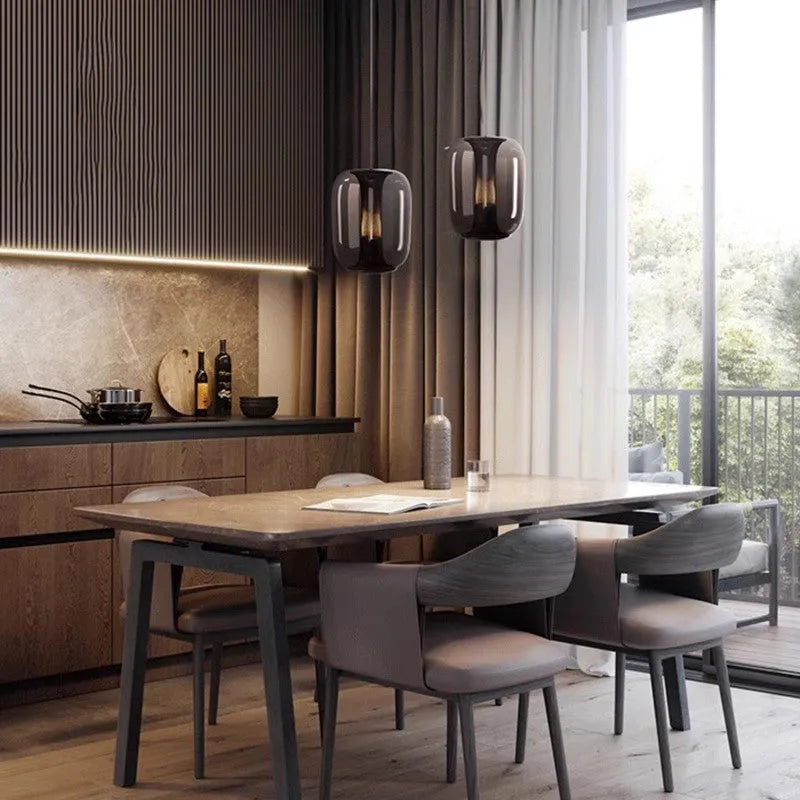 Nordic minimalist ceiling chandelier in transparent, cognac, or smoky grey, 16cm diameter.