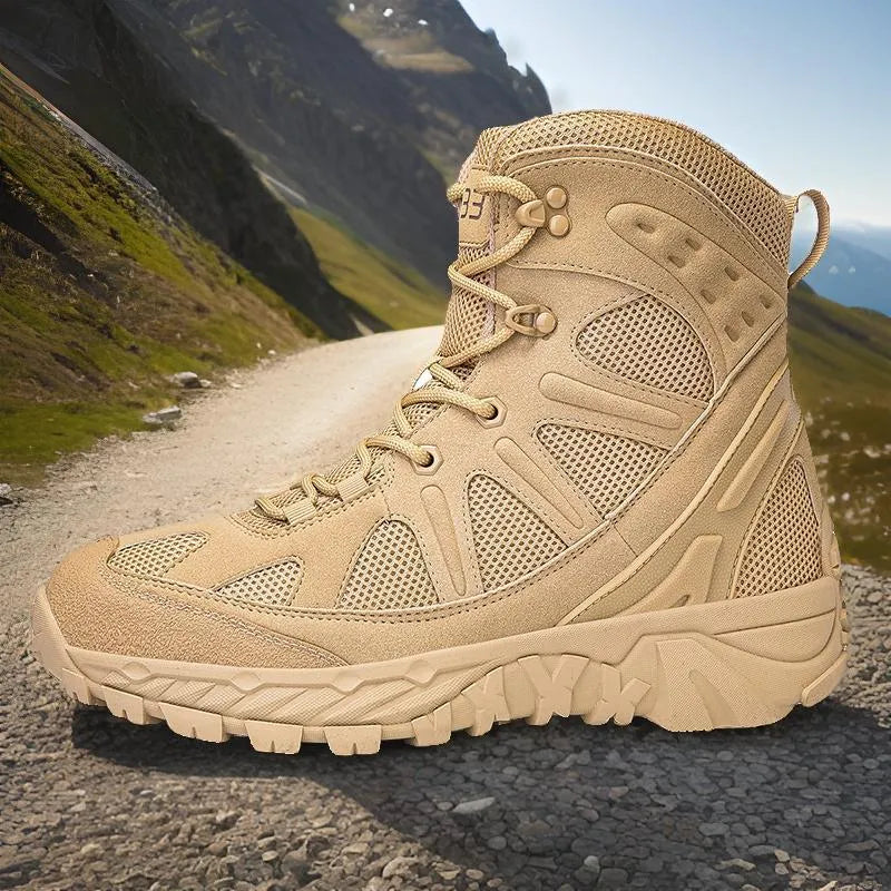 Men's black anti-skid combat hiking boots with lace-up front and rubber sole.