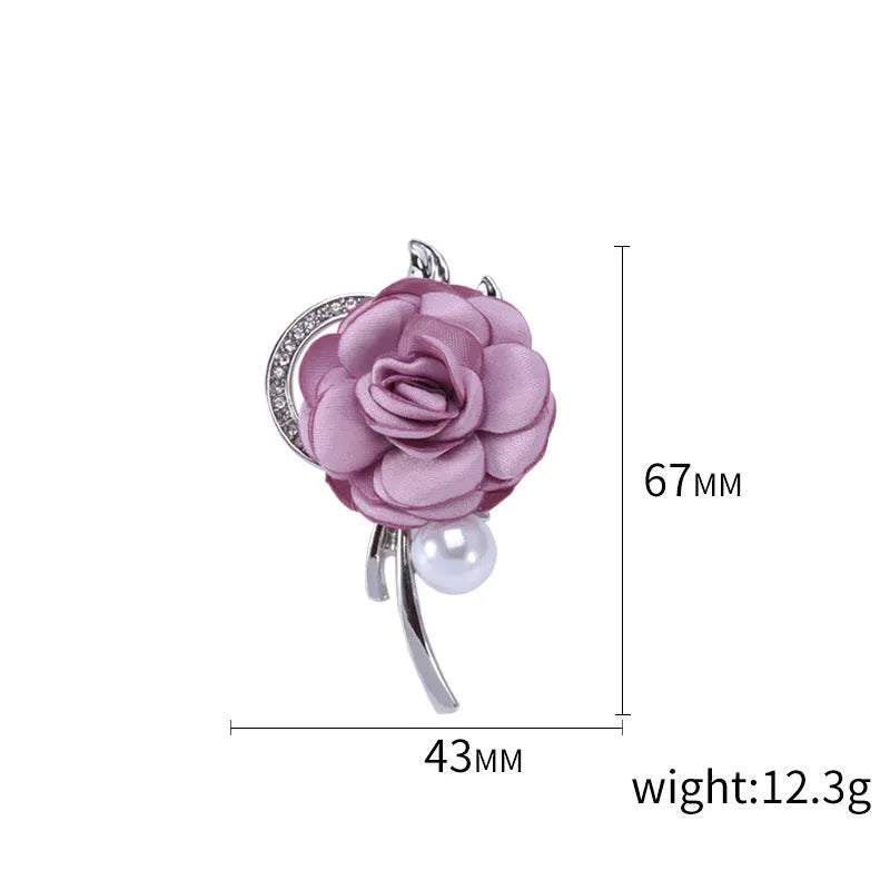 Rose brooch in Korean style, alloy construction, blue colour, 4.5cm by 3.8cm, on white background
