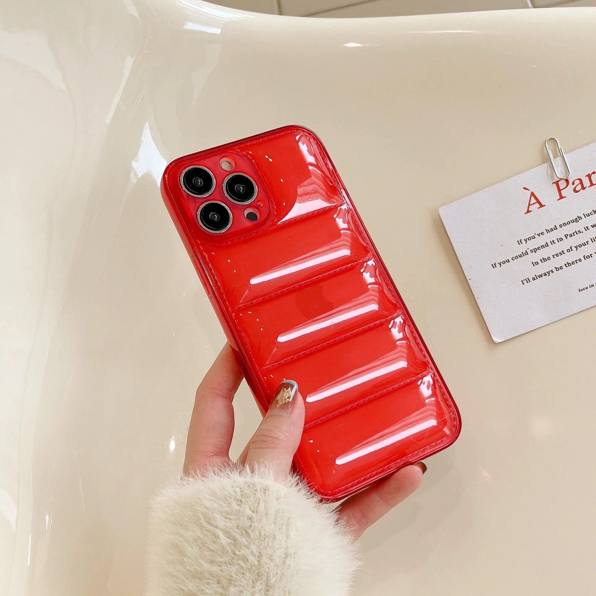 Transparent purple down jacket texture TPU phone case with fine hole cutouts for iPhone