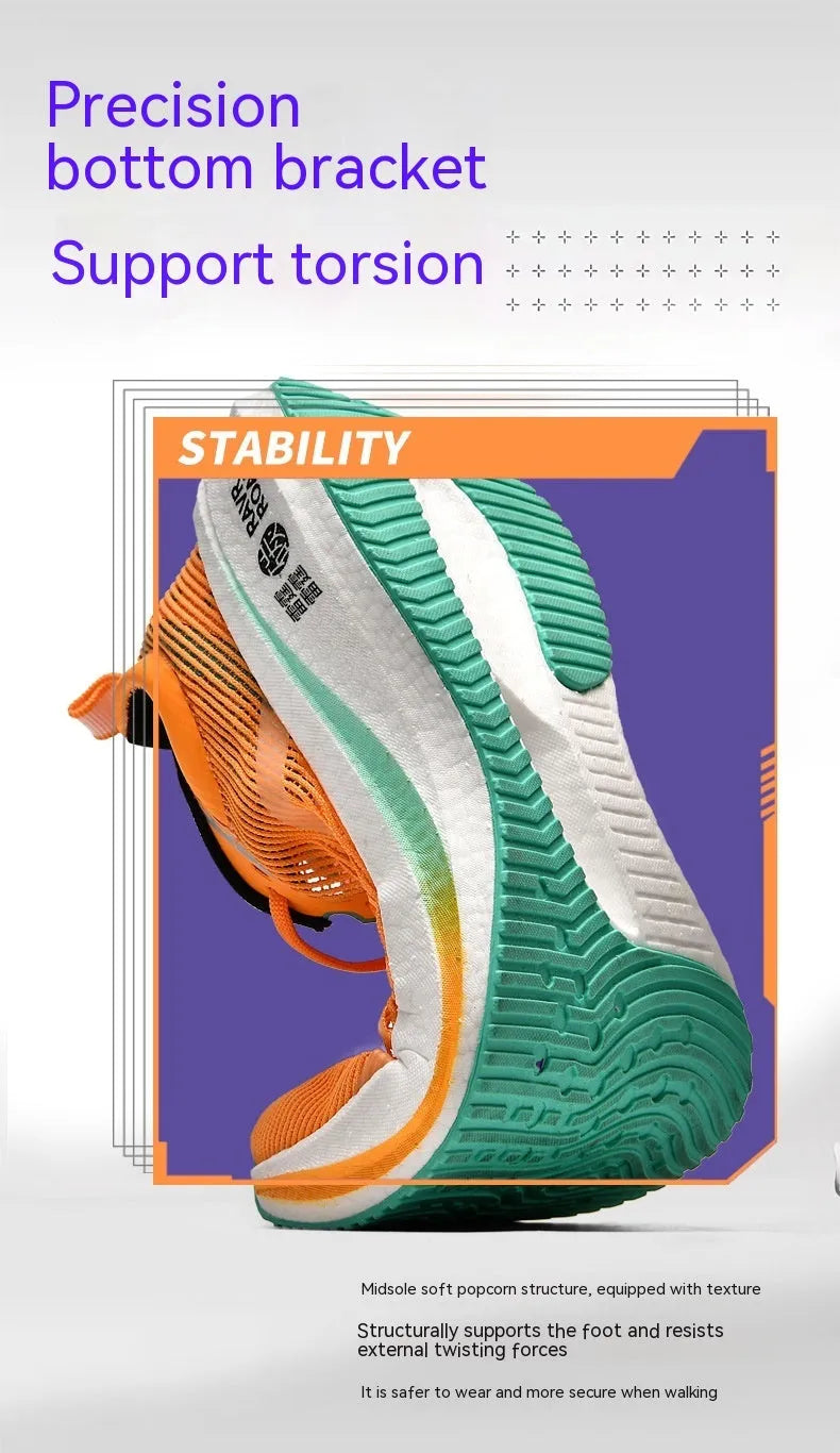 Pair of unisex shockproof breathable running shoes with rubber sole and striped pattern