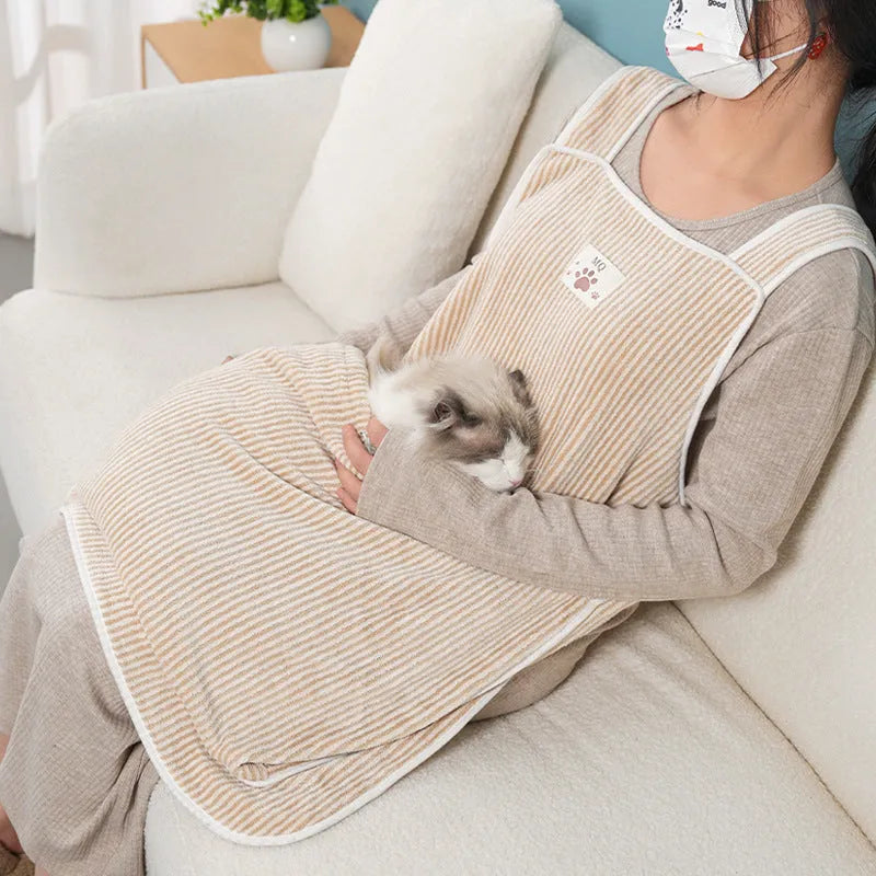 Cat petting apron in cloth material showing colour options including pink, light blue, light purple and striped patterns