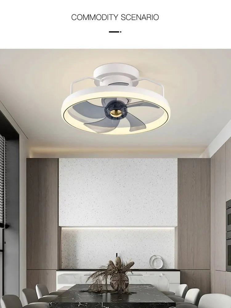 Modern ceiling fan lamp with light showing PC blades and acrylic shade in rose gold finish
