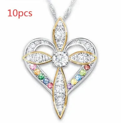 Alloy heart shaped cross pendant necklace on adjustable clavicle chain, unisex style, electroplated finish