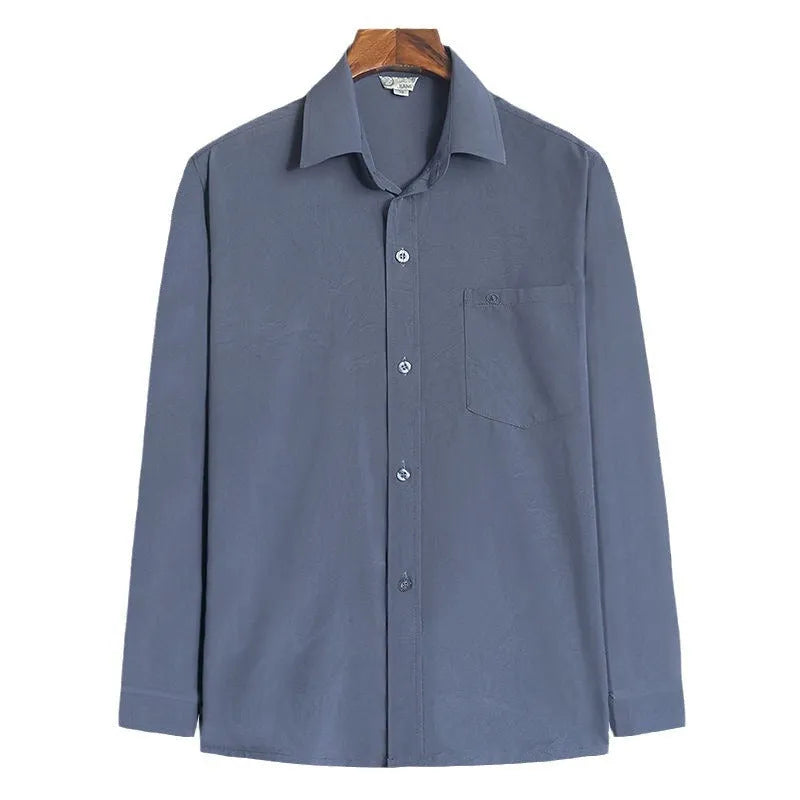 Men's loose casual long sleeve shirt in solid colour, polyester cardigan style, available in dark blue, dark gray, gray, light blue, light gray, white.