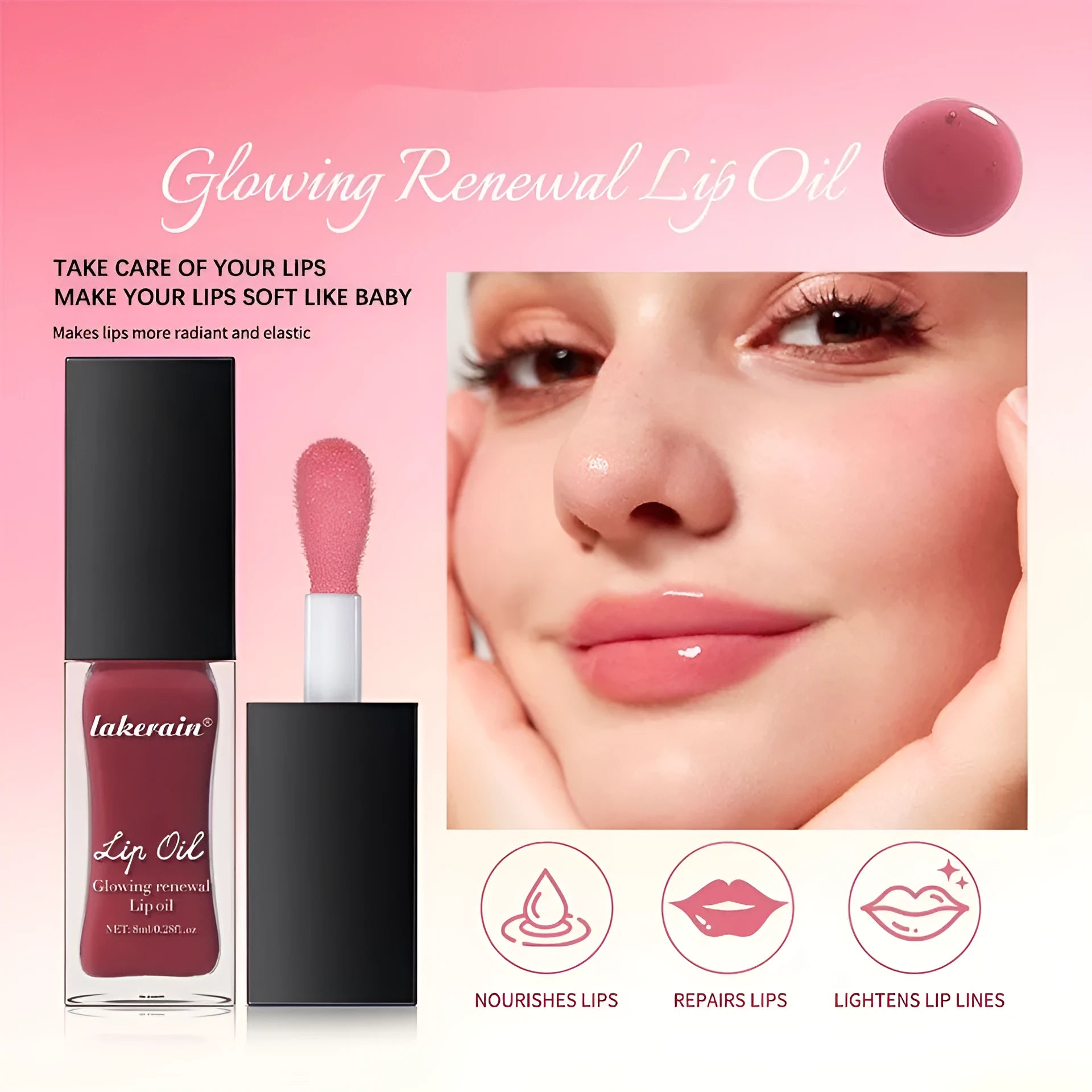 8ml lip gloss in seven colour options: coral, transparent, honey, jam, pink, red, and rose