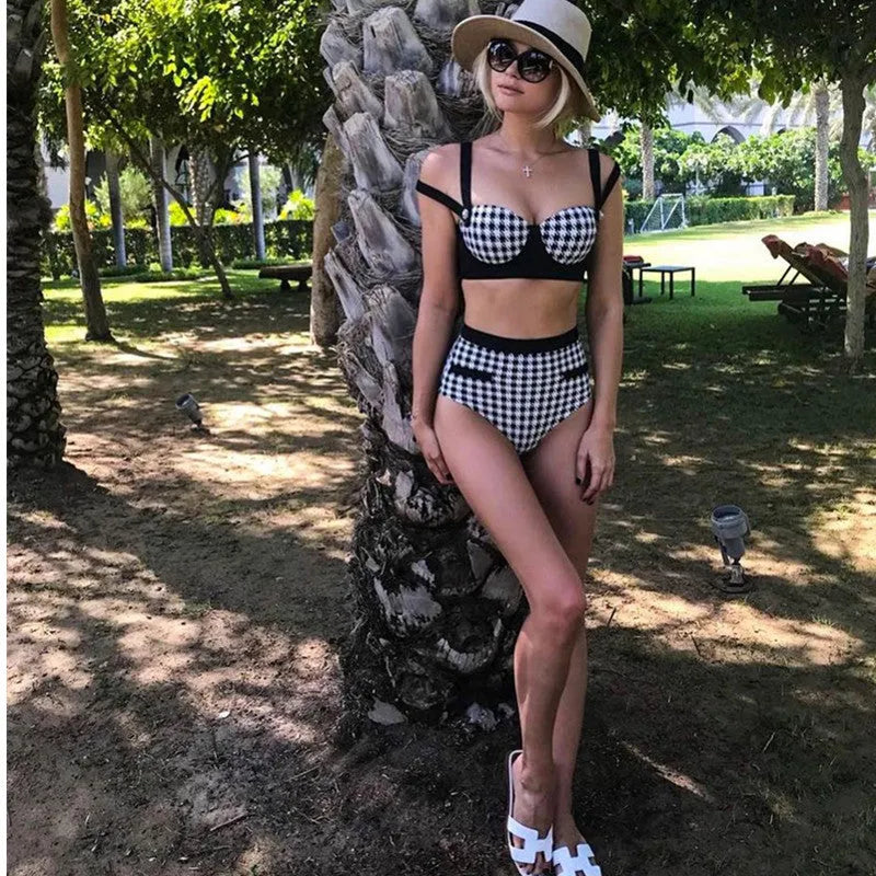 Black houndstooth push-up bandage bikini set with triangle top and split-leg bottom