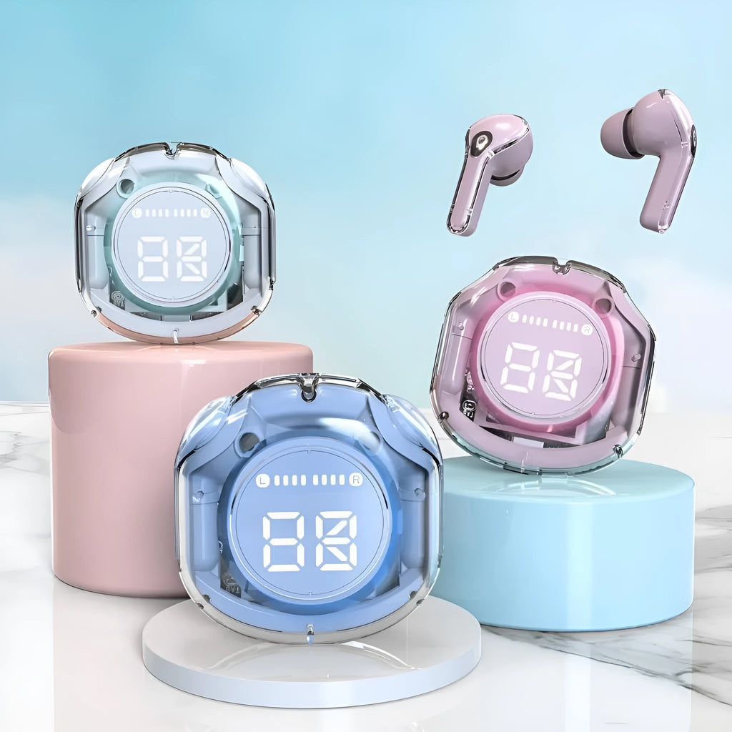 Wireless in-ear Bluetooth headset shown in white, black, pink, sky blue, or violet colour options on a transparent background.