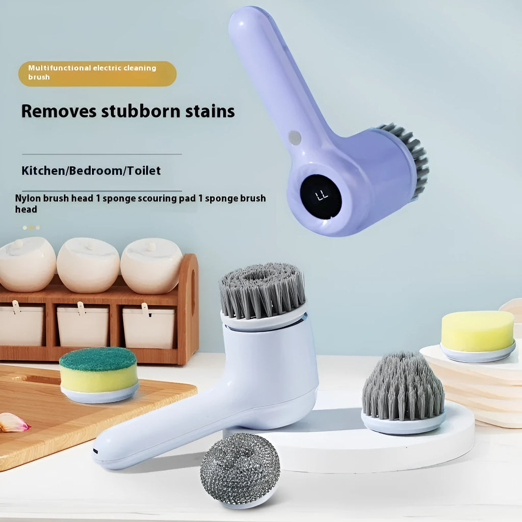 Light grey USB rechargeable electric cleaning brush with multiple interchangeable cleaning heads for kitchen use