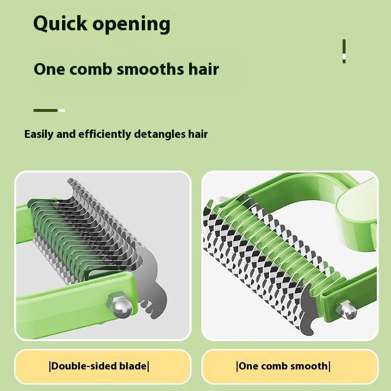 Green and grey dog grooming comb with stainless steel teeth and plastic handle, shown in small and large sizes.