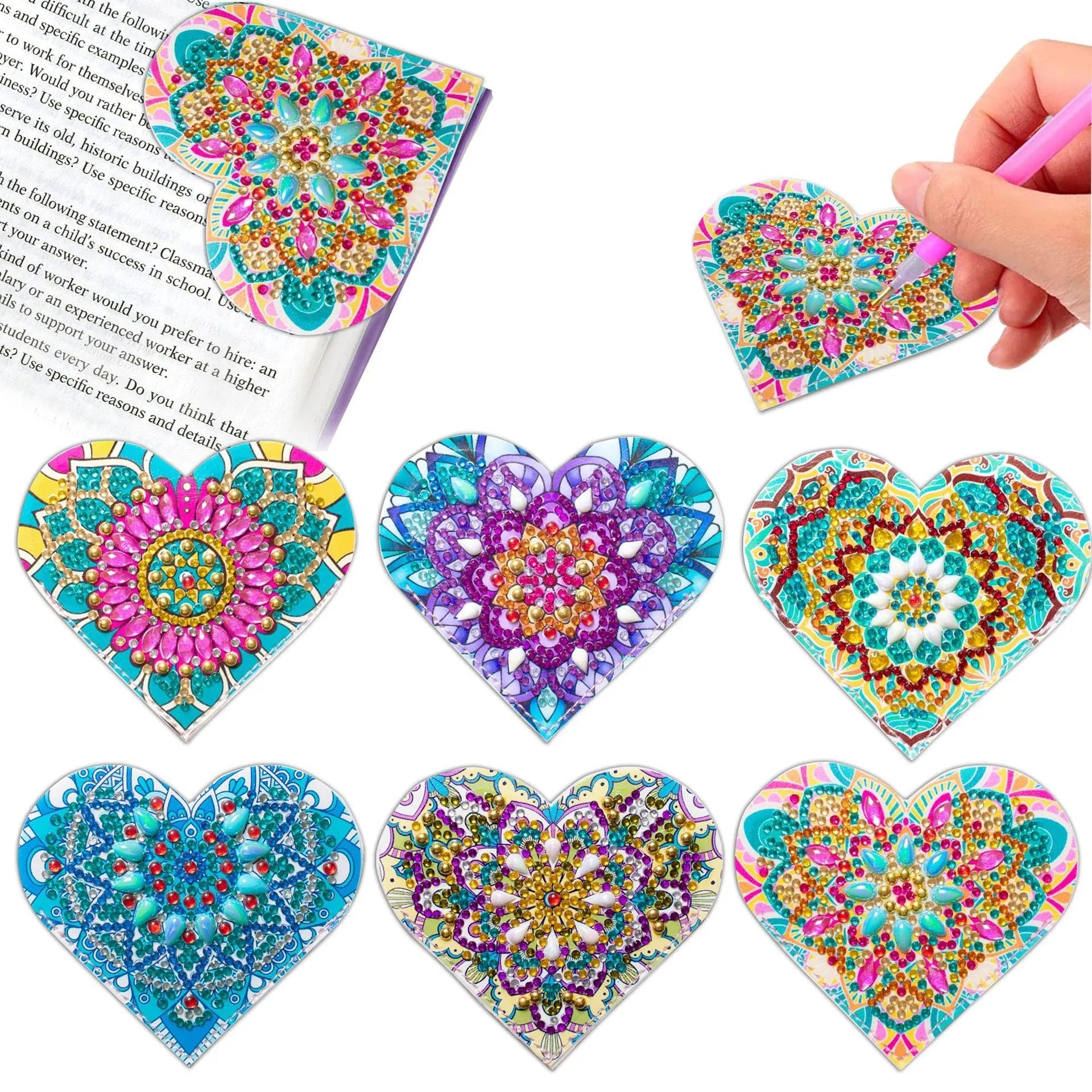 Six handmade PU leather bookmarks with stick-on crystal flowers at the cornerite.