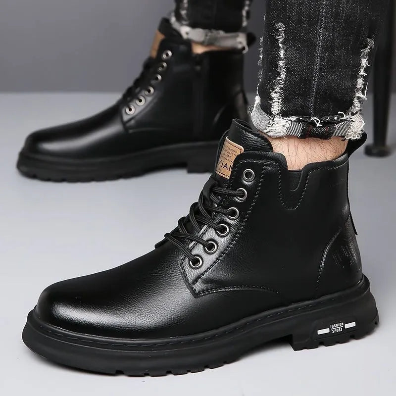 Men's black Martin boots with thick rubber soles and lace-up front, showing round toe and calf-height design