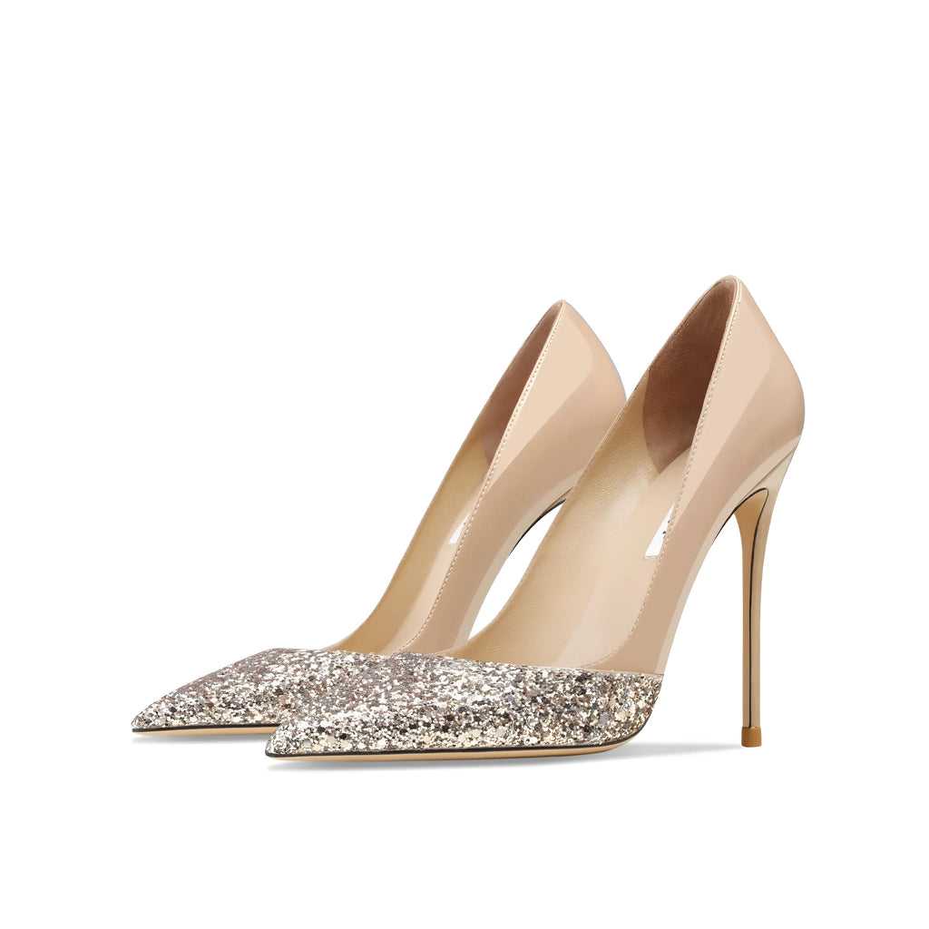 Women's patent leather pointed toe high heels with gold sequin stitching, available in nude or black with thin heel