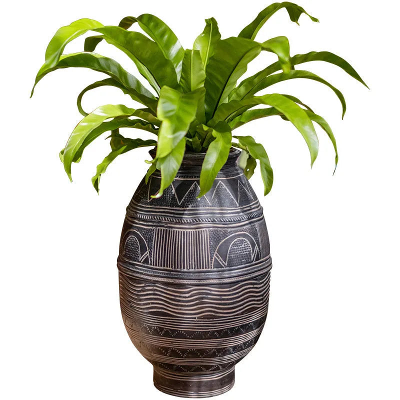 Medium cement flower pot with African ancient pot design and bottom drainage holes