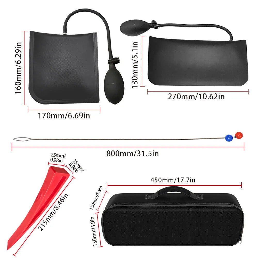 Car tool kit with air wedge pump bag and stainless steel long-reach tools
