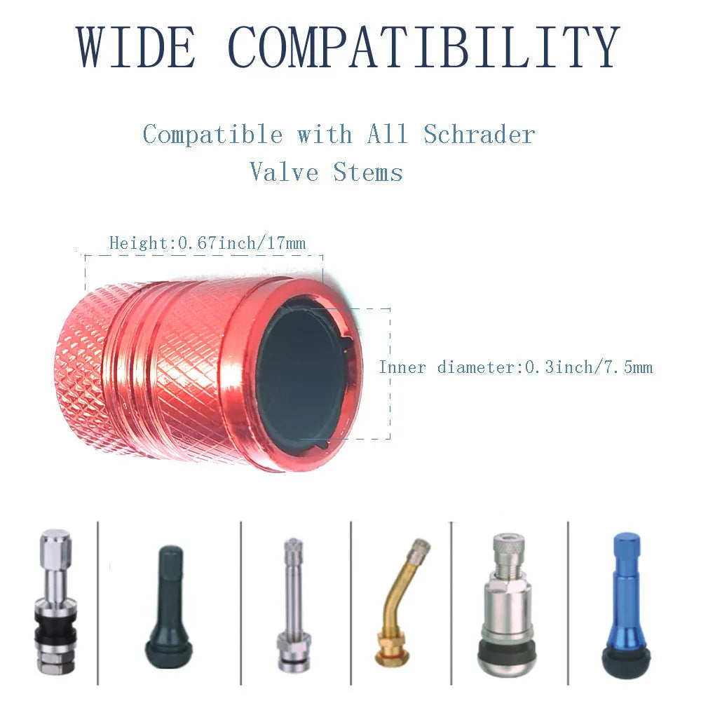 Aluminium car tyre valve dust cap in four colour options: black, blue, grey, and red.