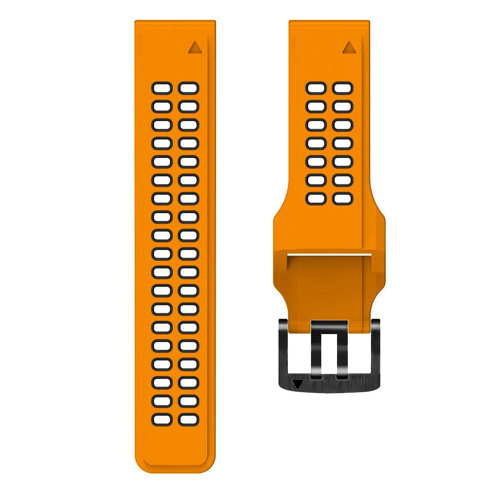 Quick release two-colour silicone watch strap showing black and orange colour combination with pin buckle closure