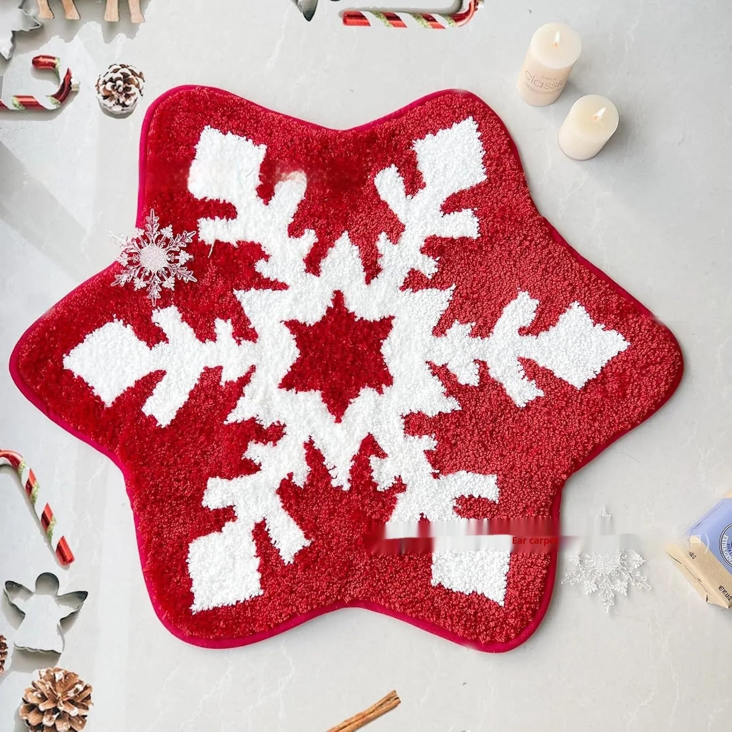 Christmas printed polyester carpet with festive design in square shape on wooden floor