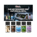 Set of five small 10ml bottles of car air freshener refill liquid in different scents.