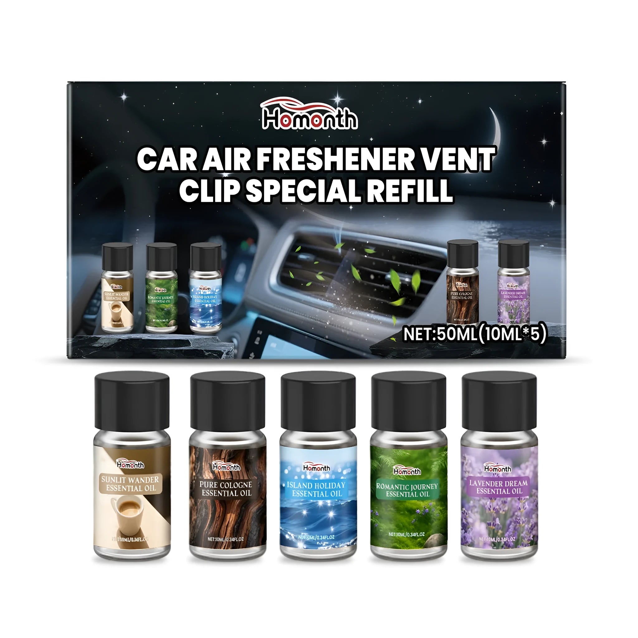 Set of five small 10ml bottles of car air freshener refill liquid in different scents.