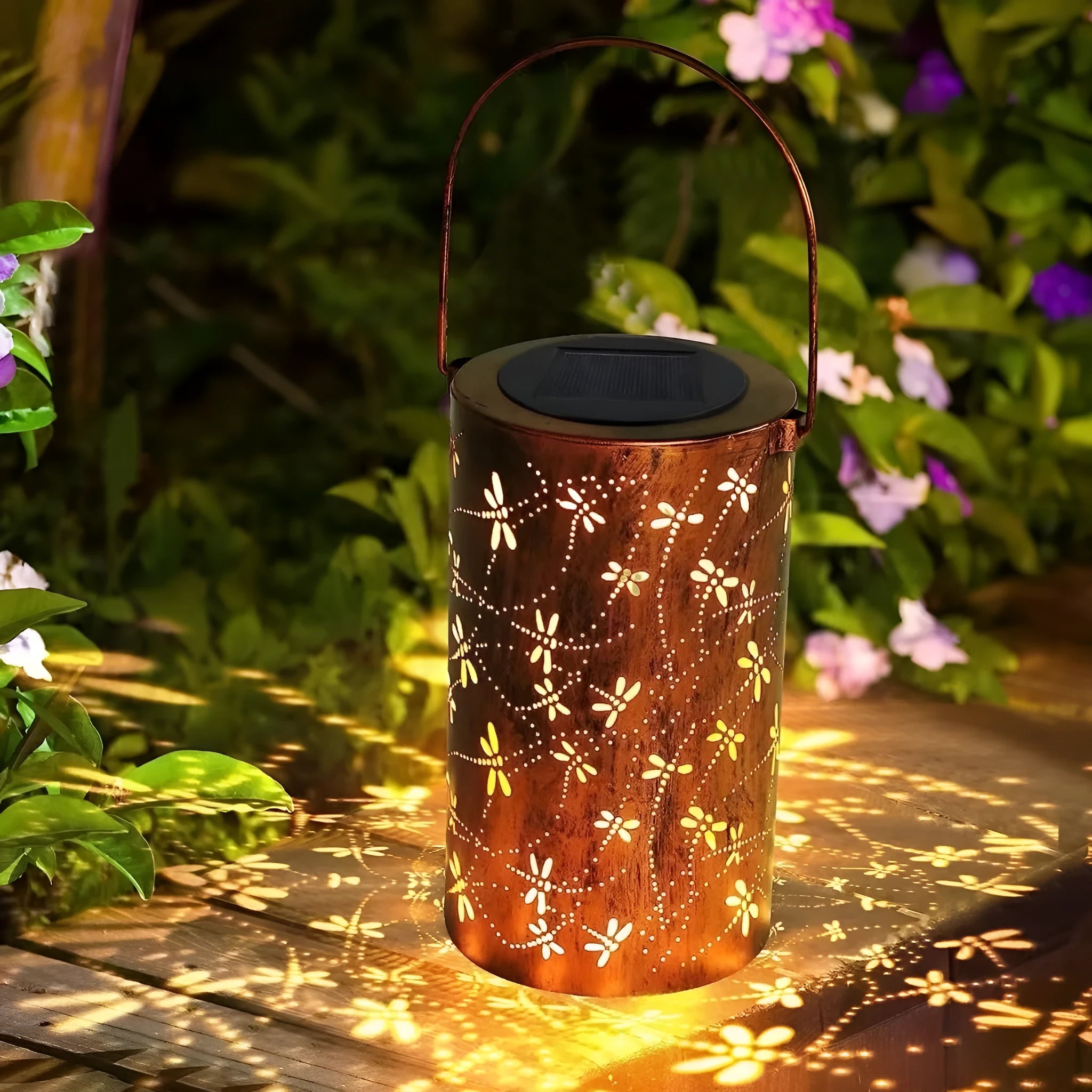 Solar-powered iron courtyard hanging lamp with decorative design for outdoor garden use.