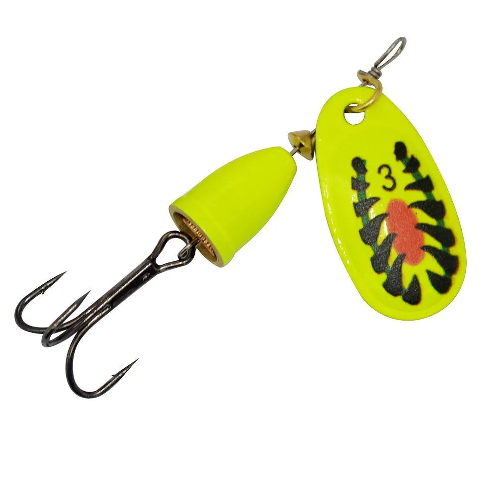 Metal fishing lure with rotating sequins and a copper bell in multiple colour variants including gold, red, and silver.