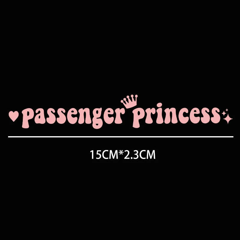 Passenger Princess slogan car rearview mirror sticker in black, white, laser, or pink, 15cm long.